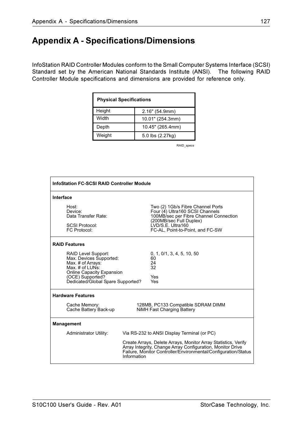 Appendix a - specifications/dimensions | StorCase Technology Fibre-to-SCSI Single RAID User Manual | Page 139 / 162