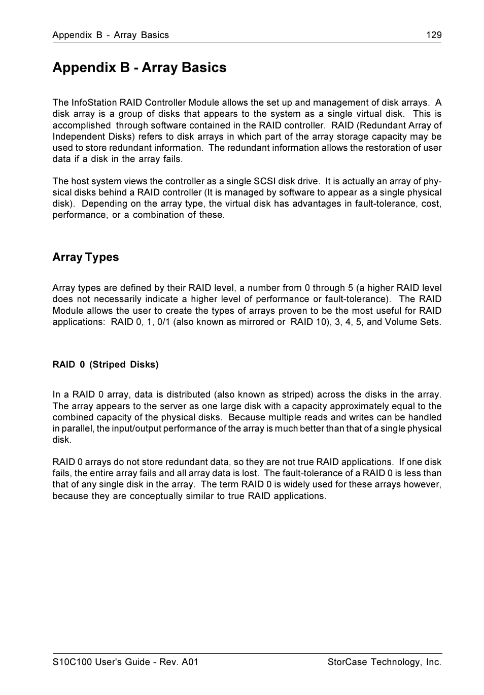 Appendix b - array basics, Array types | StorCase Technology Fibre-to-SCSI Single RAID User Manual | Page 141 / 162