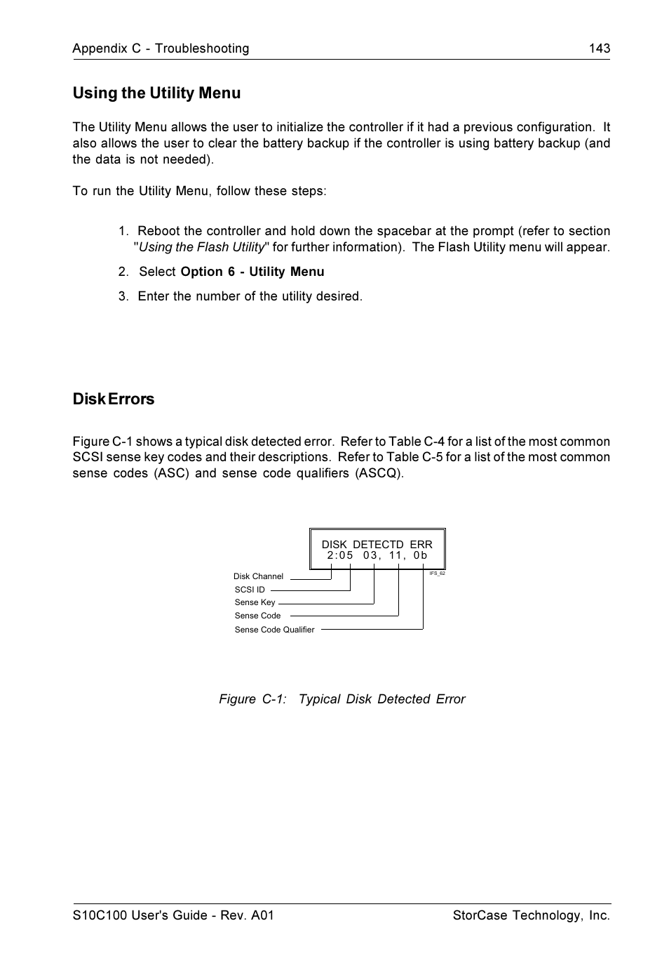 Using the utility menu, Disk errors | StorCase Technology Fibre-to-SCSI Single RAID User Manual | Page 155 / 162