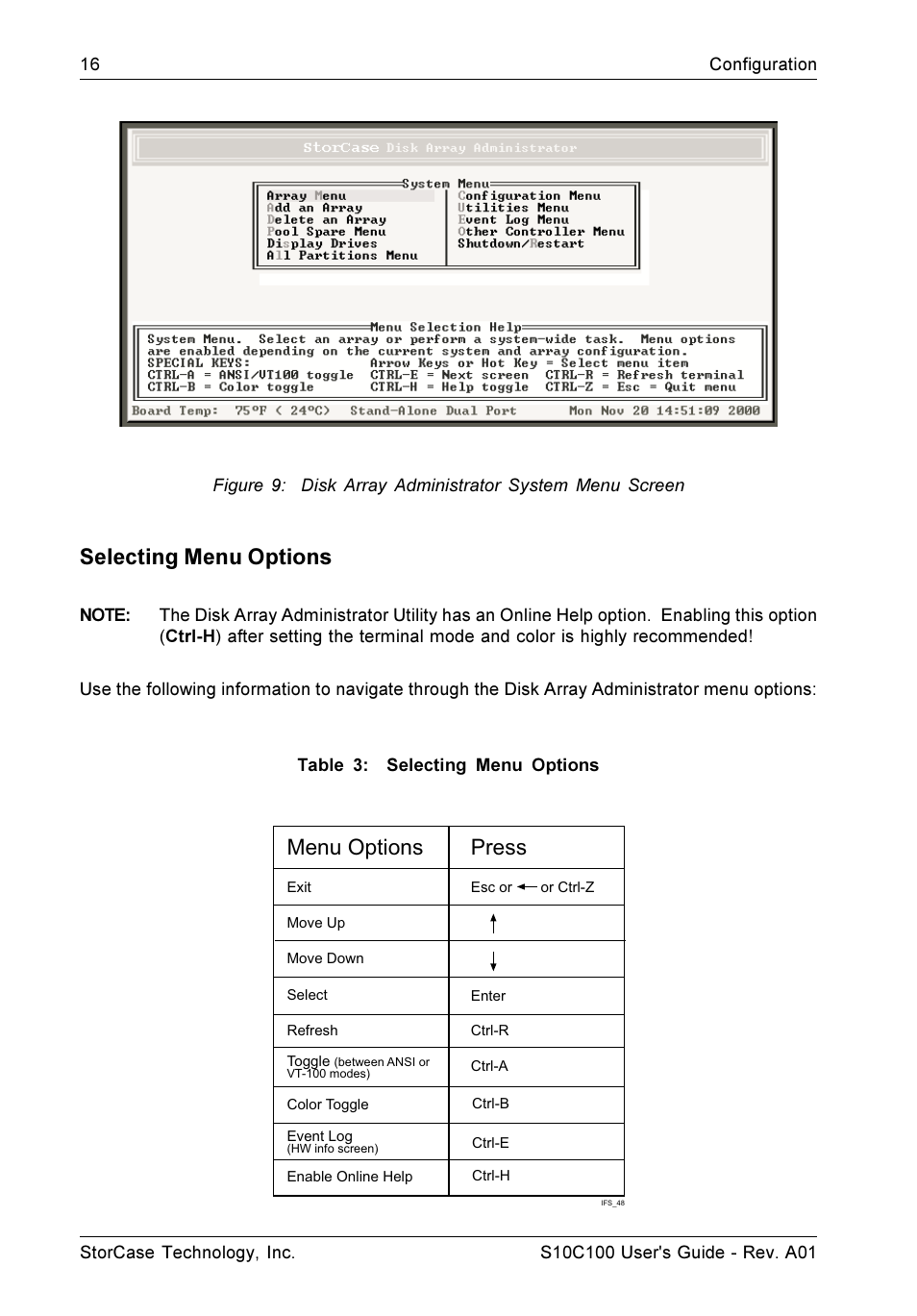 Selecting menu options, Menu options press | StorCase Technology Fibre-to-SCSI Single RAID User Manual | Page 28 / 162