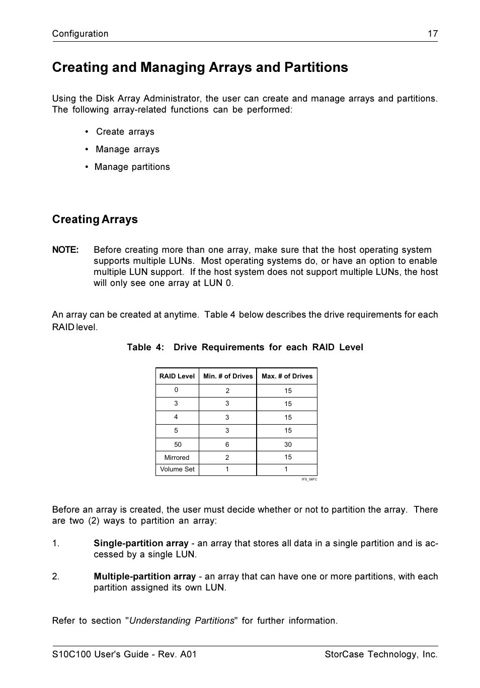 Creating and managing arrays and partitions, Creating arrays | StorCase Technology Fibre-to-SCSI Single RAID User Manual | Page 29 / 162