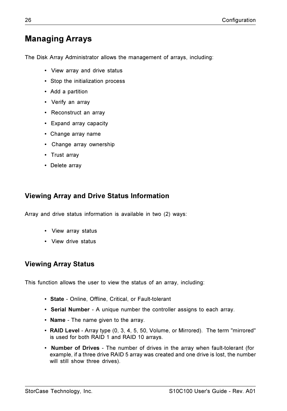 Managing arrays, Viewing array and drive status information, Viewing array status | StorCase Technology Fibre-to-SCSI Single RAID User Manual | Page 38 / 162