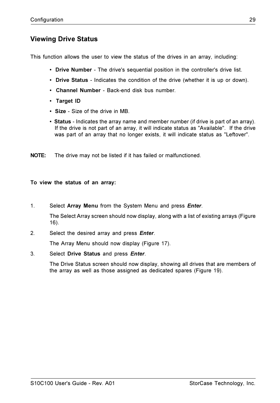 Viewing drive status | StorCase Technology Fibre-to-SCSI Single RAID User Manual | Page 41 / 162