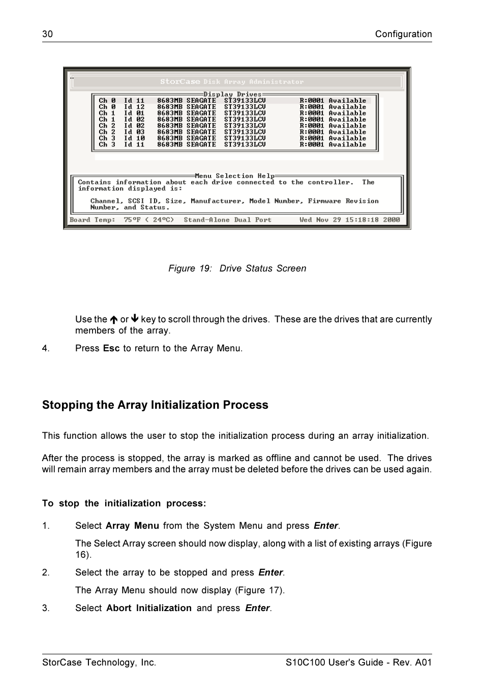 Stopping the array initialization process | StorCase Technology Fibre-to-SCSI Single RAID User Manual | Page 42 / 162