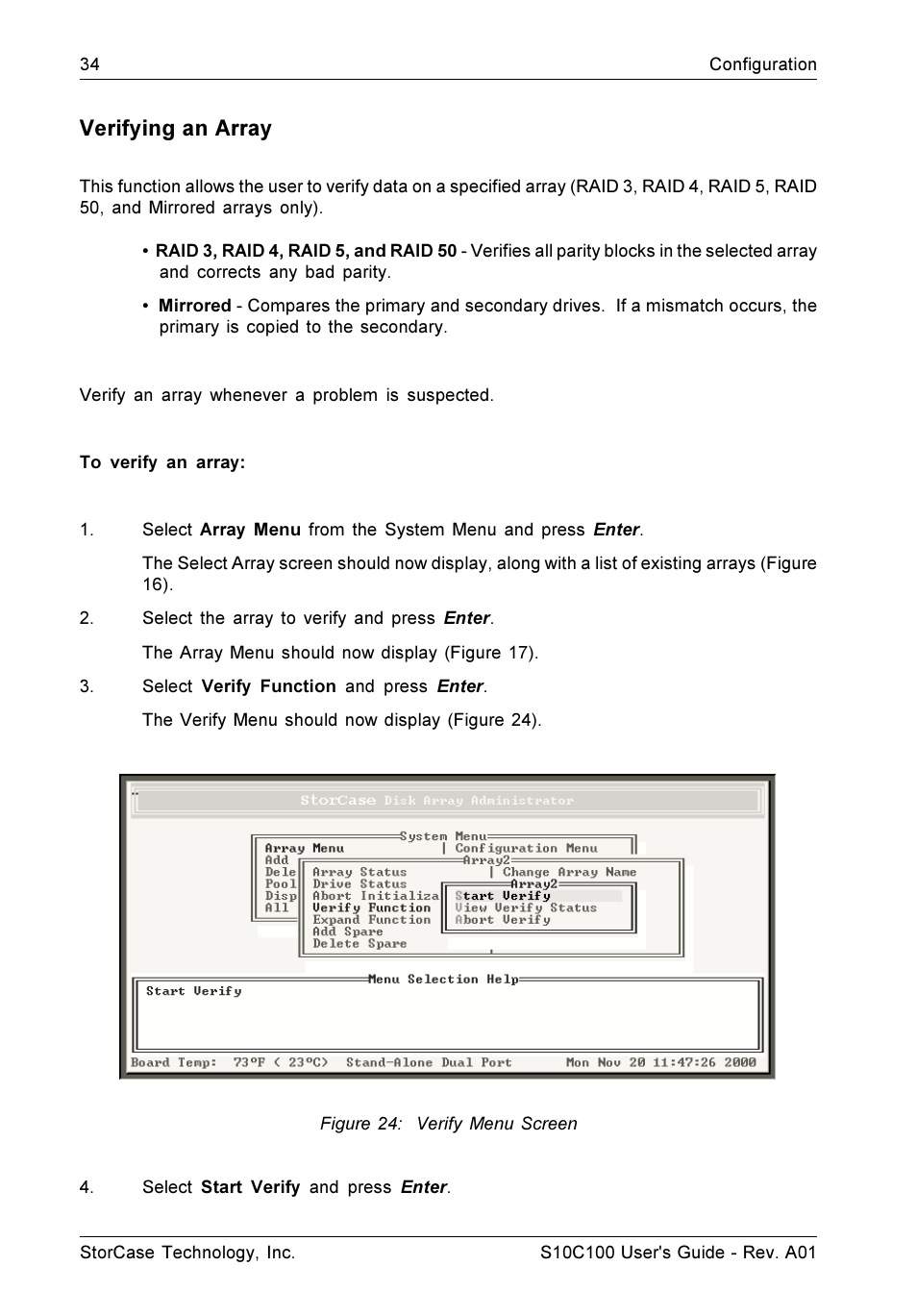 Verifying an array | StorCase Technology Fibre-to-SCSI Single RAID User Manual | Page 46 / 162