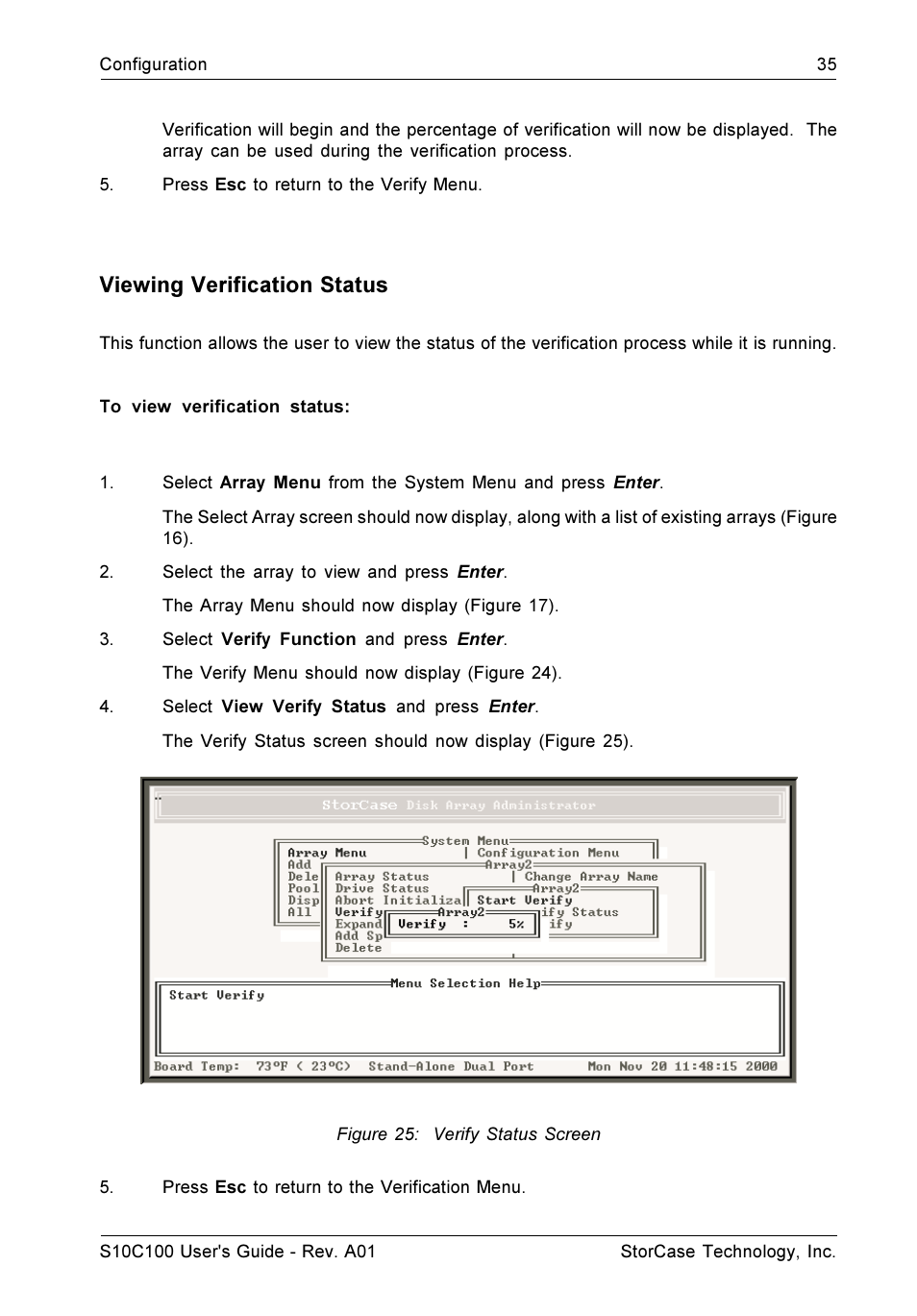 Viewing verification status | StorCase Technology Fibre-to-SCSI Single RAID User Manual | Page 47 / 162