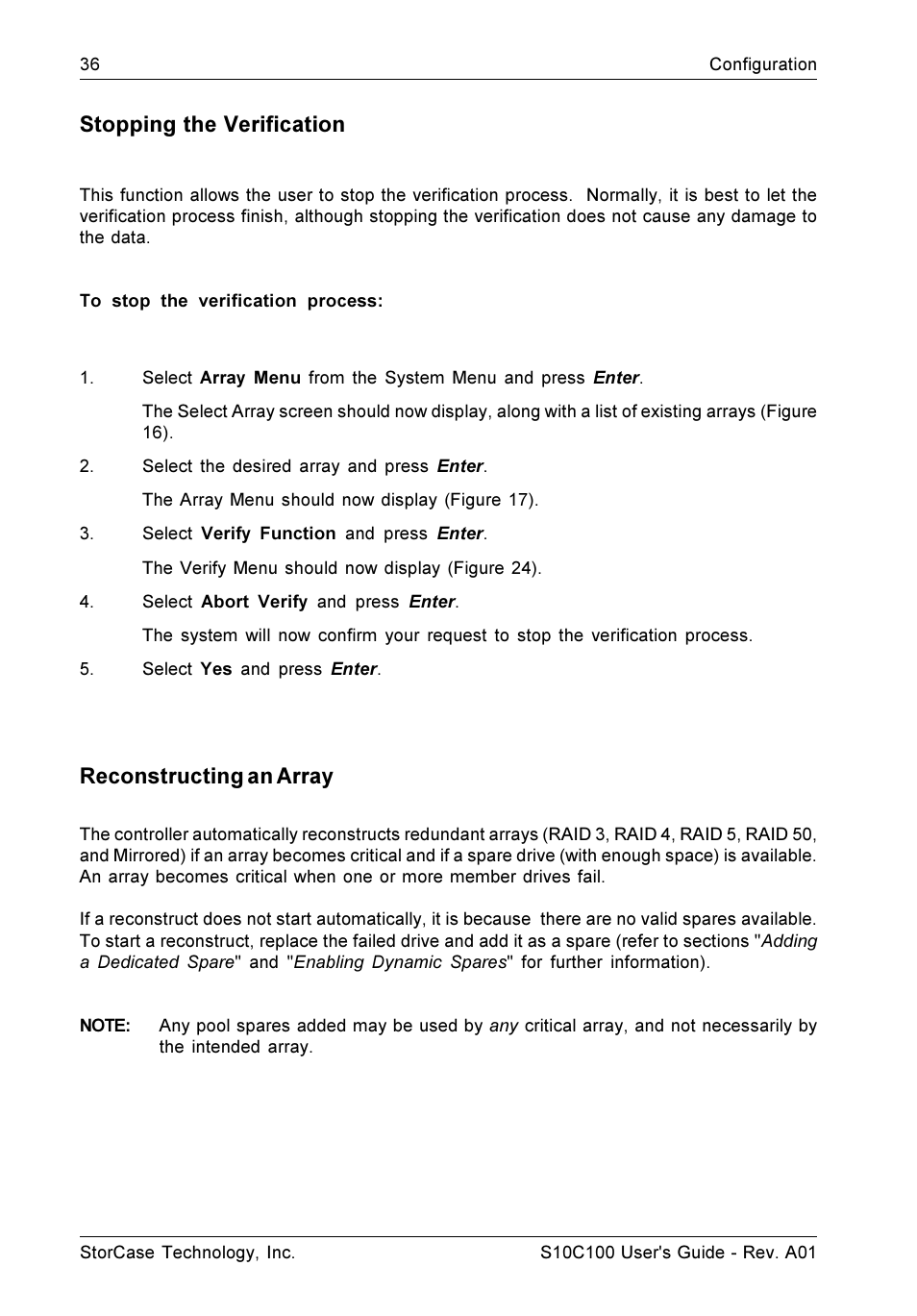 Stopping the verification, Reconstructing an array | StorCase Technology Fibre-to-SCSI Single RAID User Manual | Page 48 / 162