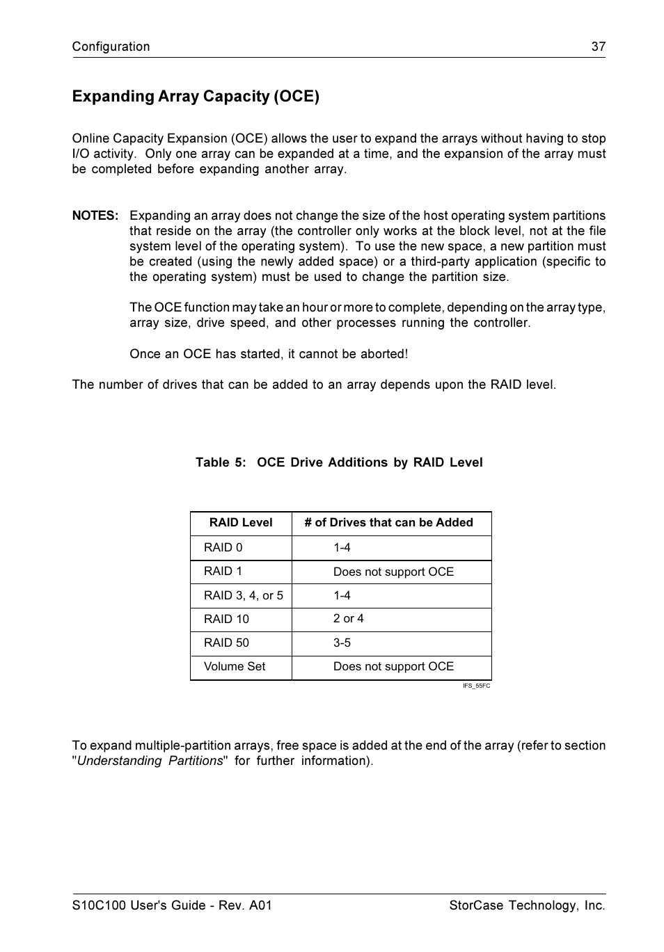 Expanding array capacity (oce) | StorCase Technology Fibre-to-SCSI Single RAID User Manual | Page 49 / 162