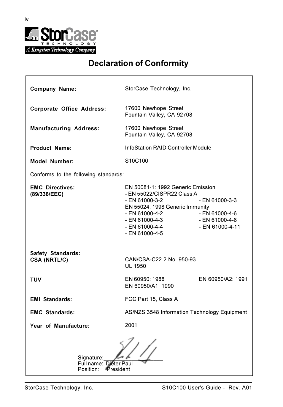 Declaration of conformity | StorCase Technology Fibre-to-SCSI Single RAID User Manual | Page 5 / 162