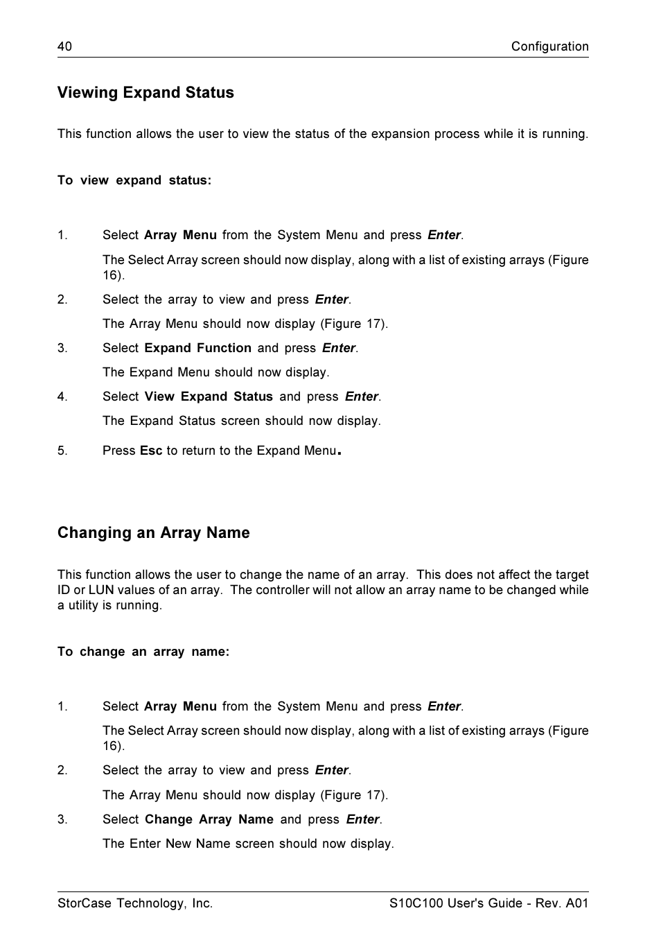 Viewing expand status, Changing an array name | StorCase Technology Fibre-to-SCSI Single RAID User Manual | Page 52 / 162