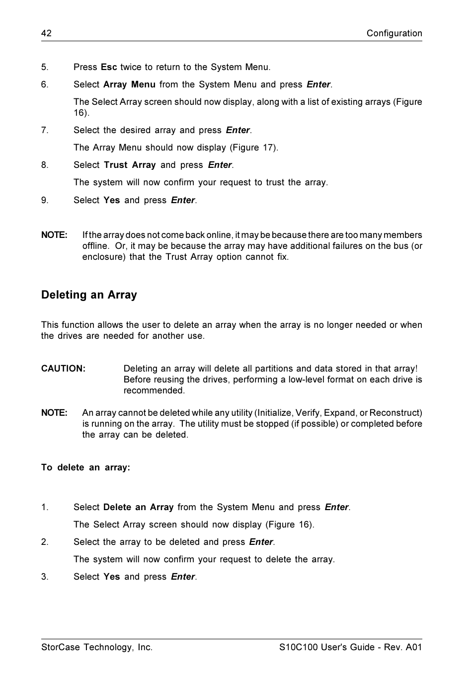 Deleting an array | StorCase Technology Fibre-to-SCSI Single RAID User Manual | Page 54 / 162