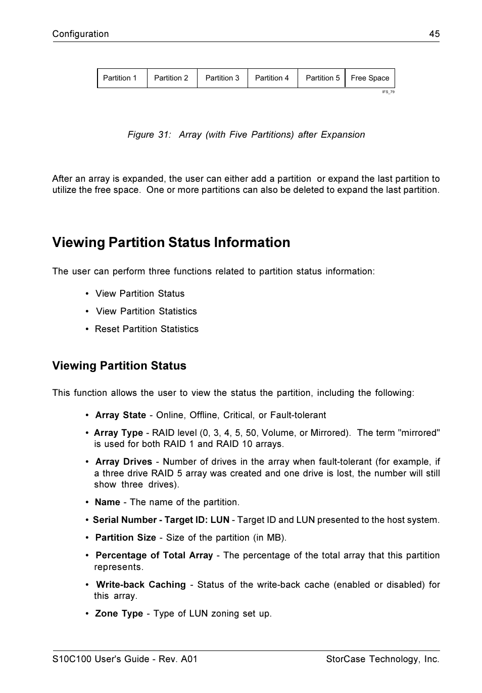 Viewing partition status information, Viewing partition status | StorCase Technology Fibre-to-SCSI Single RAID User Manual | Page 57 / 162