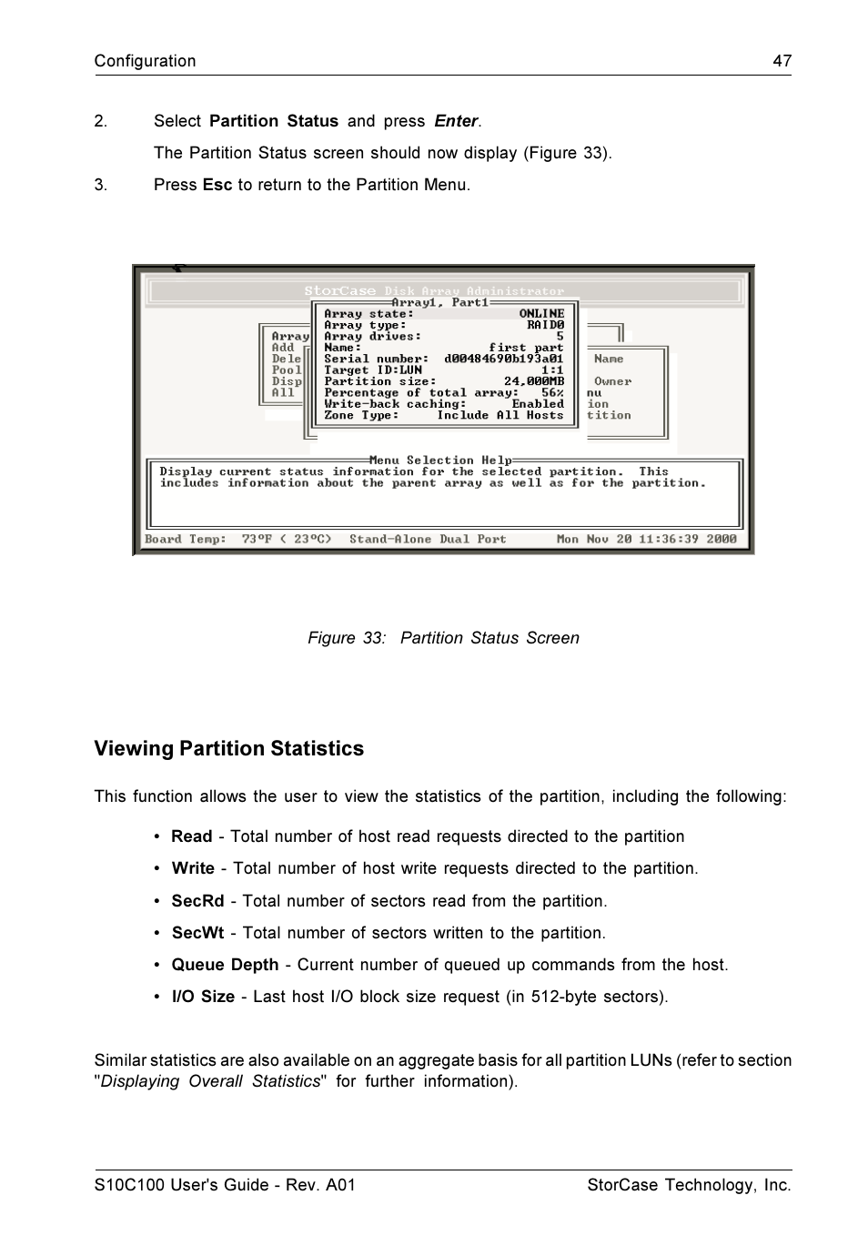 Viewing partition statistics | StorCase Technology Fibre-to-SCSI Single RAID User Manual | Page 59 / 162