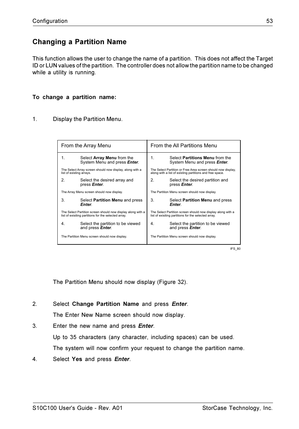 Changing a partition name | StorCase Technology Fibre-to-SCSI Single RAID User Manual | Page 65 / 162