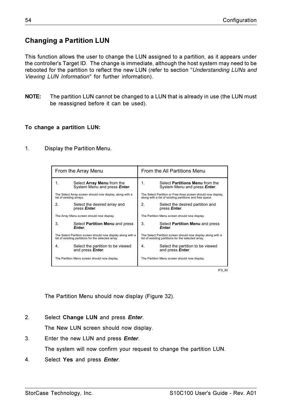 Changing a partition lun | StorCase Technology Fibre-to-SCSI Single RAID User Manual | Page 66 / 162