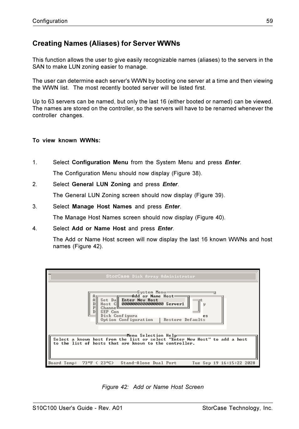 Creating names (aliases) for server wwns | StorCase Technology Fibre-to-SCSI Single RAID User Manual | Page 71 / 162