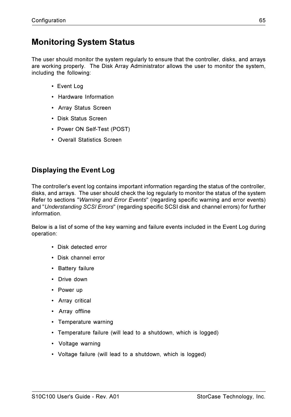Monitoring system status, Displaying the event log | StorCase Technology Fibre-to-SCSI Single RAID User Manual | Page 77 / 162