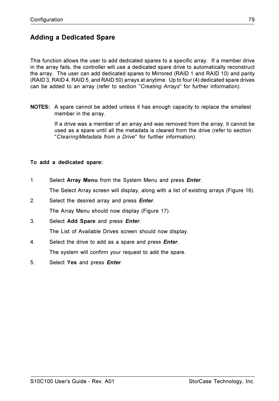 Adding a dedicated spare | StorCase Technology Fibre-to-SCSI Single RAID User Manual | Page 91 / 162