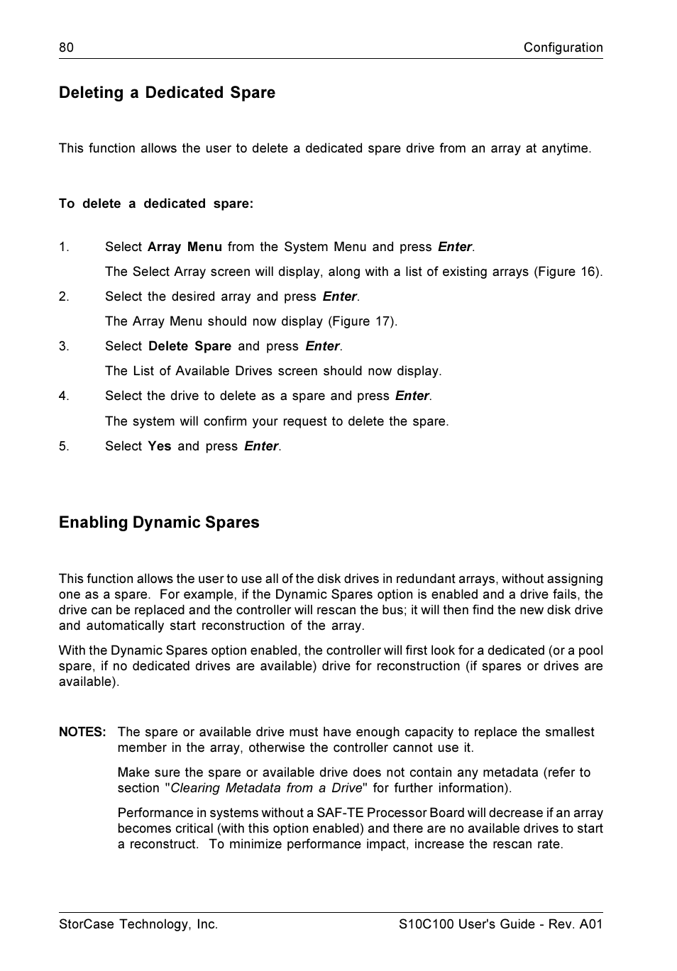 Deleting a dedicated spare, Enabling dynamic spares | StorCase Technology Fibre-to-SCSI Single RAID User Manual | Page 92 / 162