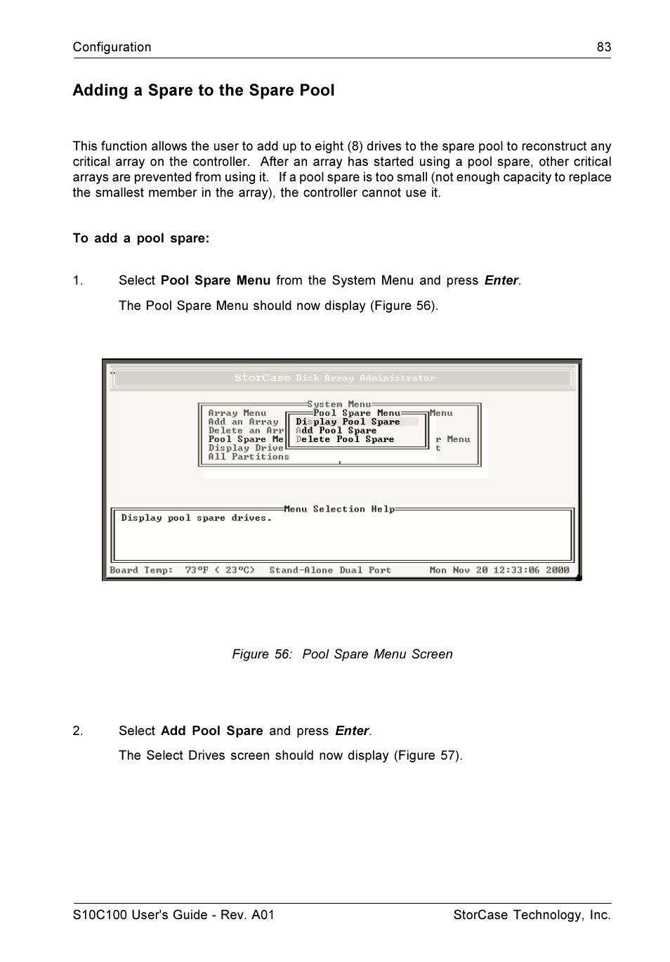 Adding a spare to the spare pool | StorCase Technology Fibre-to-SCSI Single RAID User Manual | Page 95 / 162