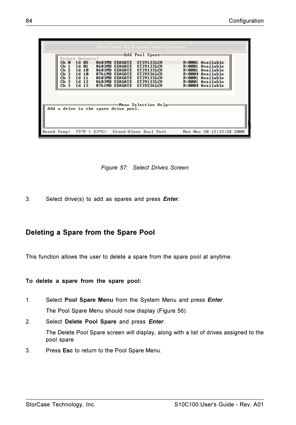 Deleting a spare from the spare pool | StorCase Technology Fibre-to-SCSI Single RAID User Manual | Page 96 / 162