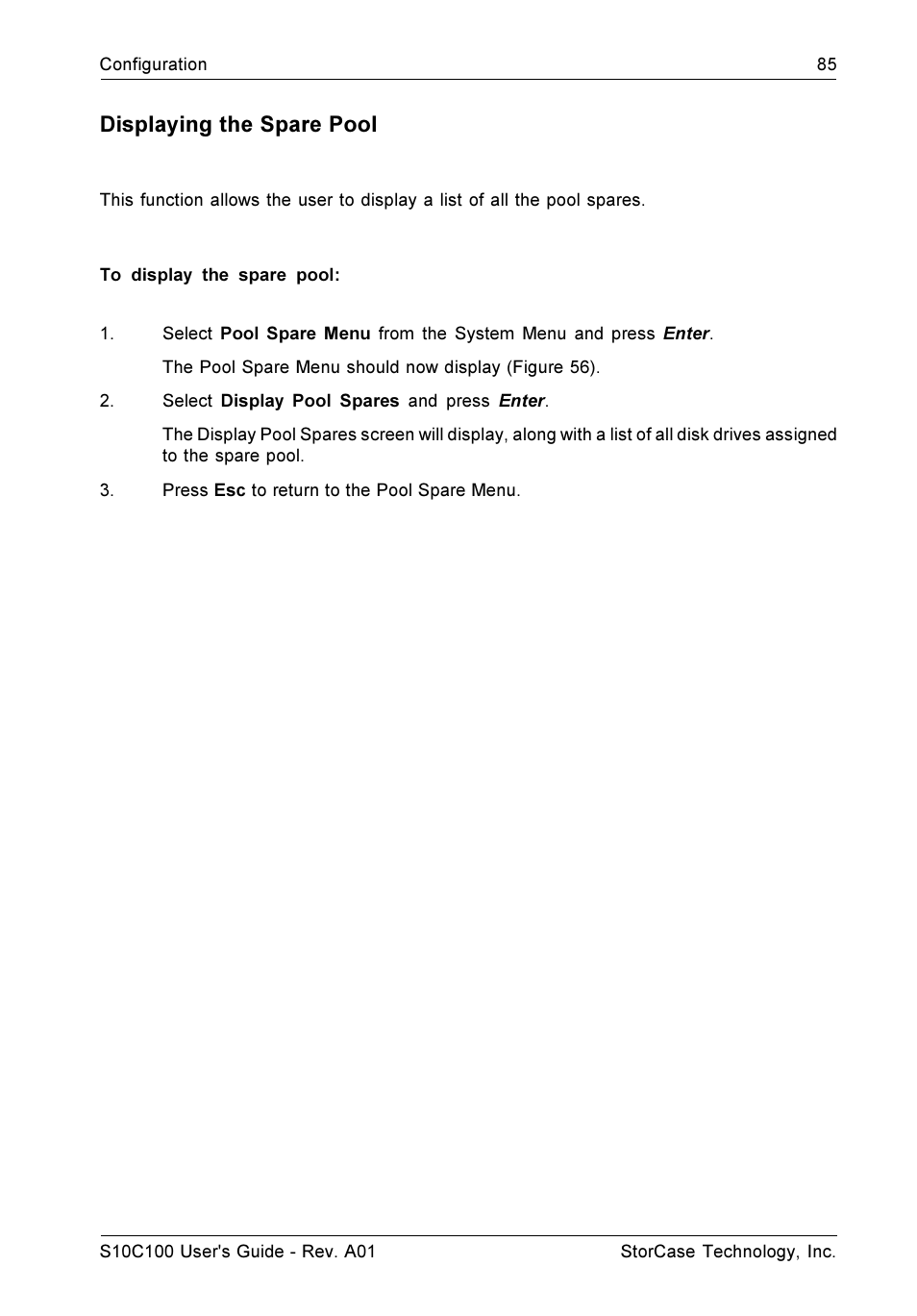 Displaying the spare pool | StorCase Technology Fibre-to-SCSI Single RAID User Manual | Page 97 / 162
