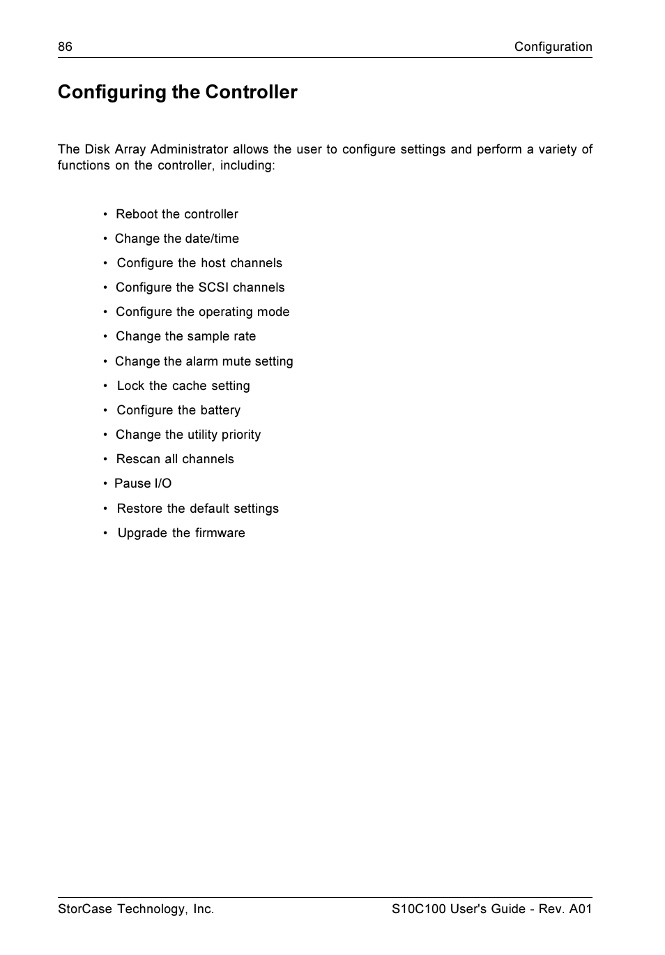 Configuring the controller | StorCase Technology Fibre-to-SCSI Single RAID User Manual | Page 98 / 162