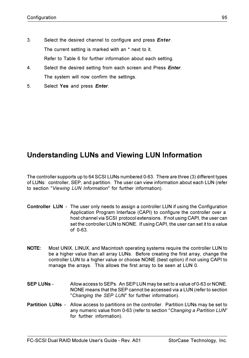 Understanding luns and viewing lun information | StorCase Technology FC-to-SCSI Single & Dual RAID User Manual | Page 108 / 179