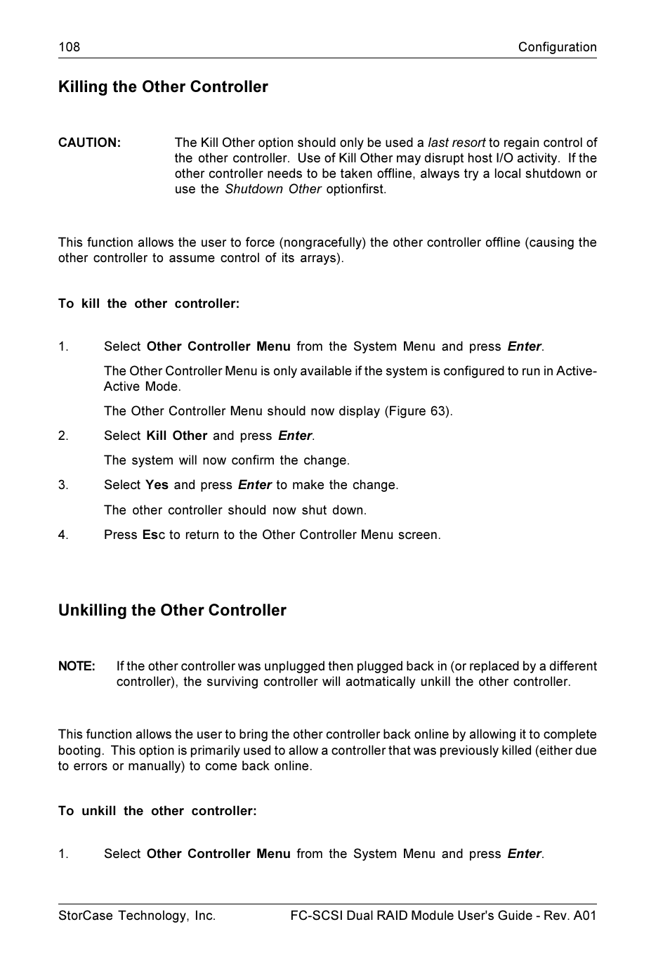 Killing the other controller, Unkilling the other controller | StorCase Technology FC-to-SCSI Single & Dual RAID User Manual | Page 121 / 179