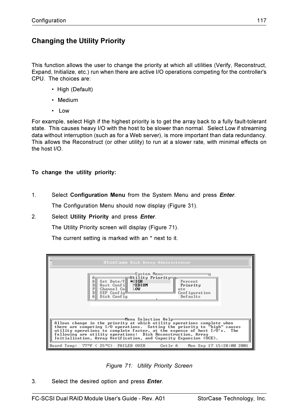 Changing the utility priority | StorCase Technology FC-to-SCSI Single & Dual RAID User Manual | Page 130 / 179