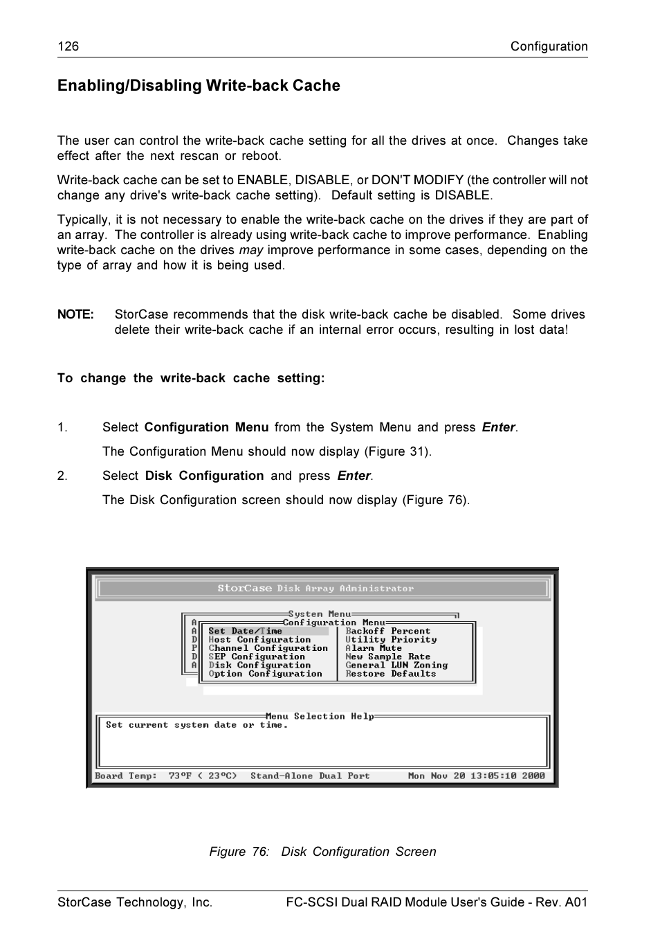 Enabling/disabling write-back cache | StorCase Technology FC-to-SCSI Single & Dual RAID User Manual | Page 139 / 179