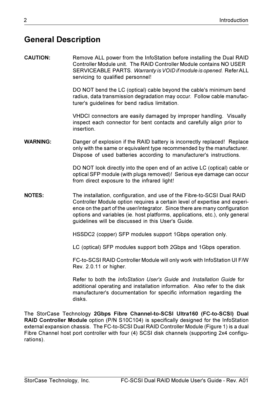 General description | StorCase Technology FC-to-SCSI Single & Dual RAID User Manual | Page 15 / 179