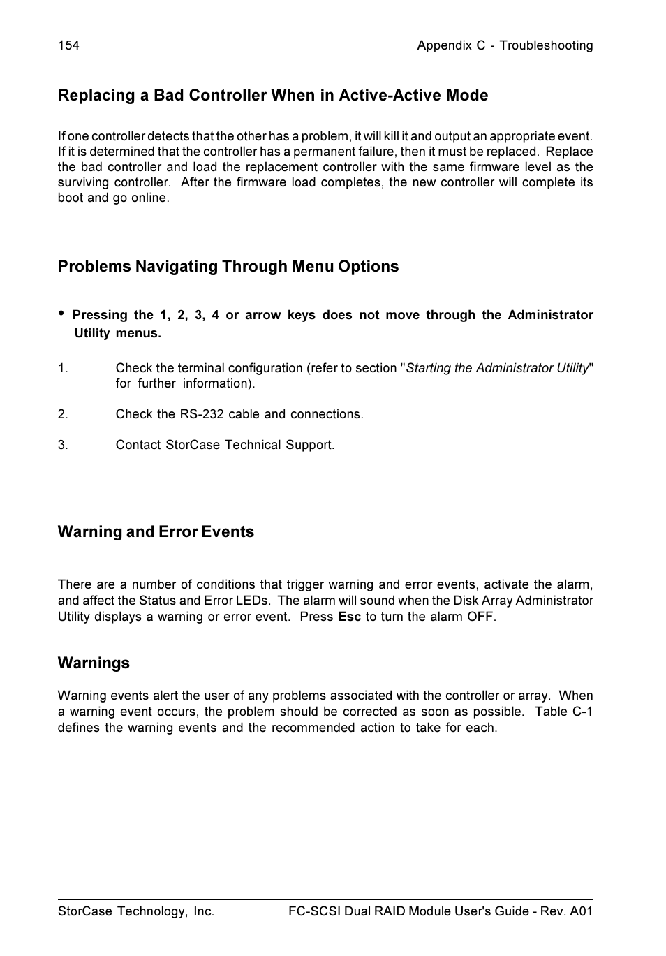 Problems navigating through menu options, Warning and error events, Warnings | StorCase Technology FC-to-SCSI Single & Dual RAID User Manual | Page 167 / 179