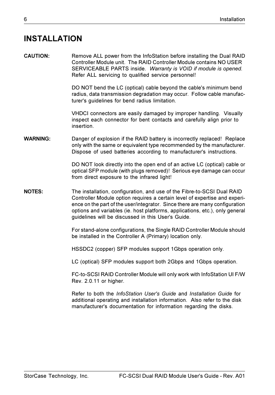 Installation | StorCase Technology FC-to-SCSI Single & Dual RAID User Manual | Page 19 / 179