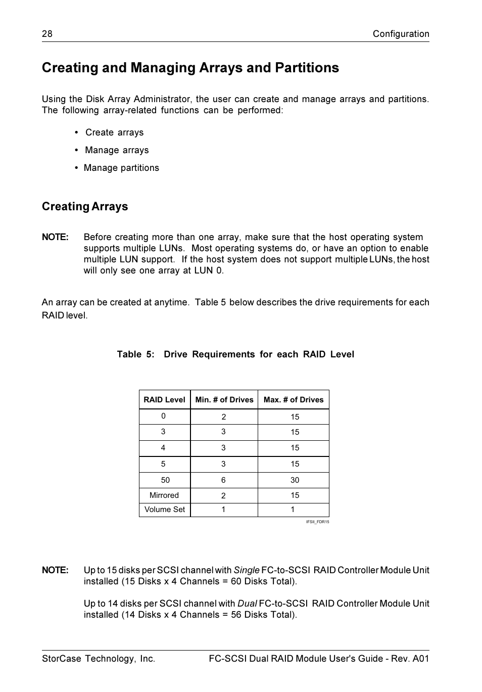 Creating and managing arrays and partitions, Creating arrays | StorCase Technology FC-to-SCSI Single & Dual RAID User Manual | Page 41 / 179