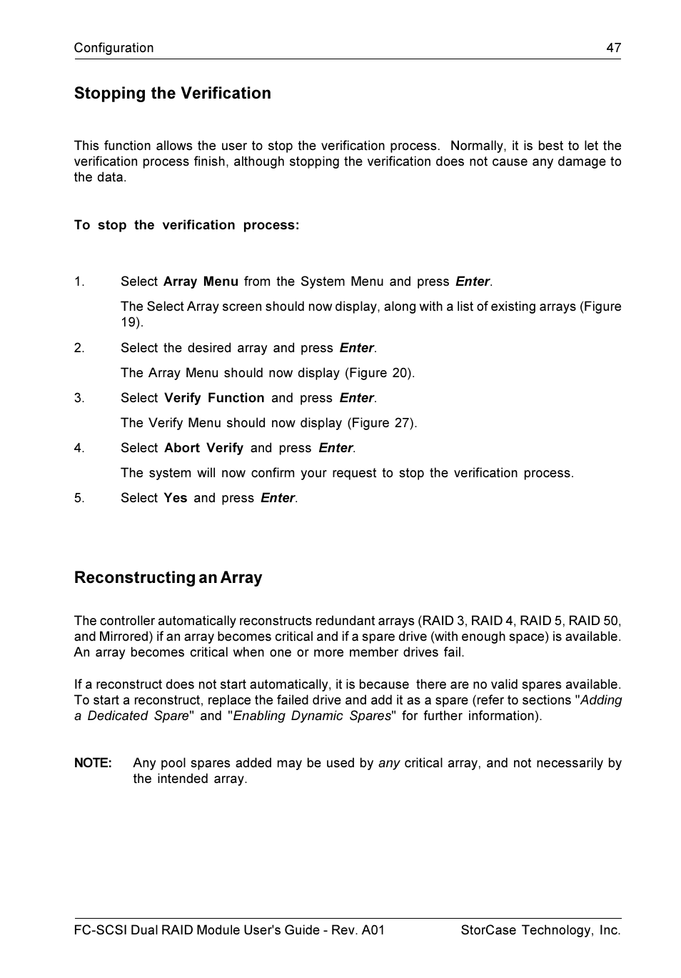 Stopping the verification, Reconstructing an array | StorCase Technology FC-to-SCSI Single & Dual RAID User Manual | Page 60 / 179