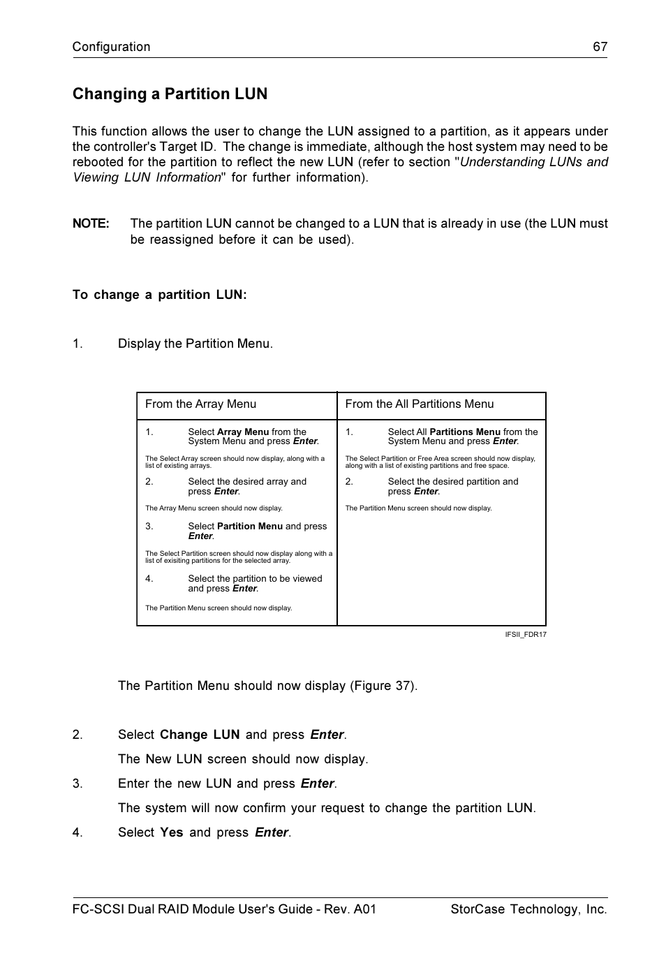 Changing a partition lun | StorCase Technology FC-to-SCSI Single & Dual RAID User Manual | Page 80 / 179