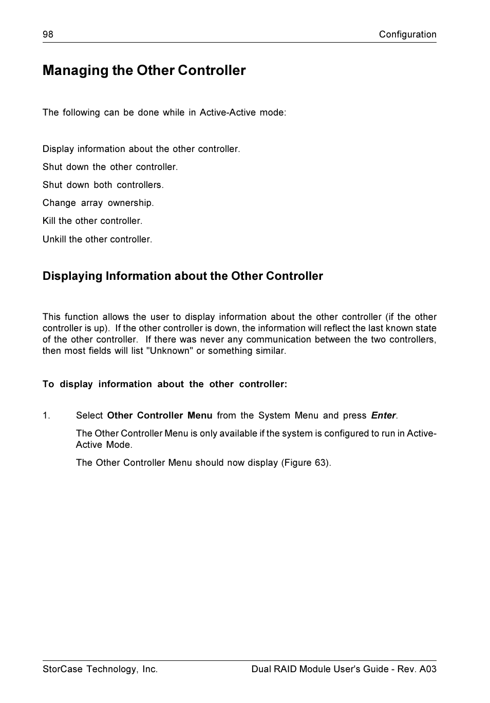Managing the other controller, Displaying information about the other controller | StorCase Technology CSI-to-SCSI Single & Dual RAID User Manual | Page 111 / 171