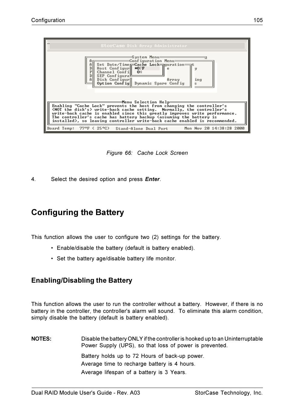 Configuring the battery, Enabling/disabling the battery | StorCase Technology CSI-to-SCSI Single & Dual RAID User Manual | Page 118 / 171