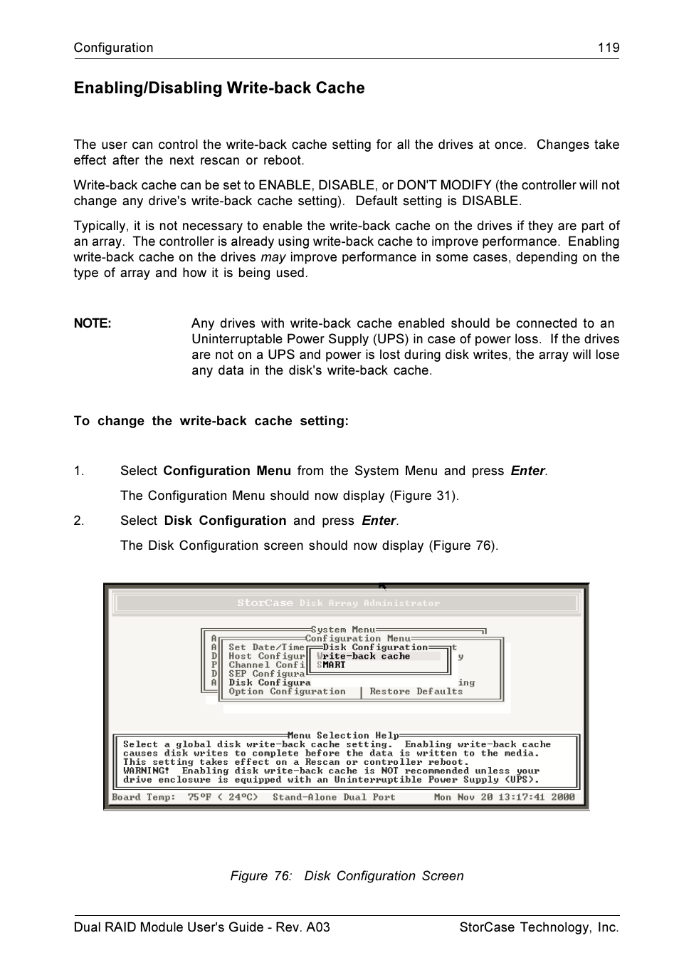 Enabling/disabling write-back cache | StorCase Technology CSI-to-SCSI Single & Dual RAID User Manual | Page 132 / 171