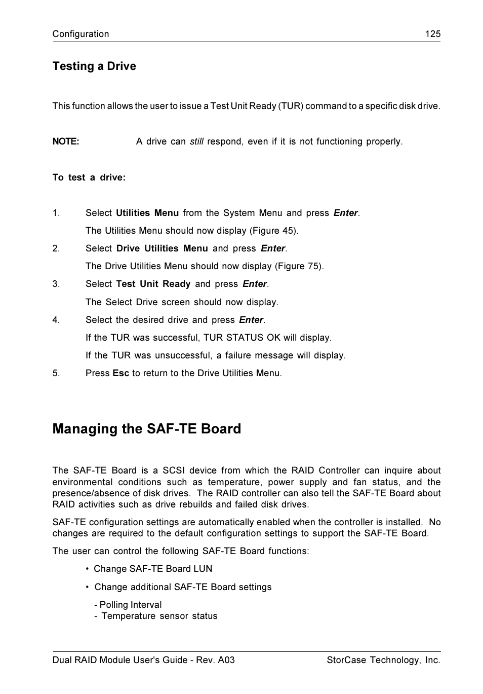 Managing the saf-te board, Testing a drive | StorCase Technology CSI-to-SCSI Single & Dual RAID User Manual | Page 138 / 171