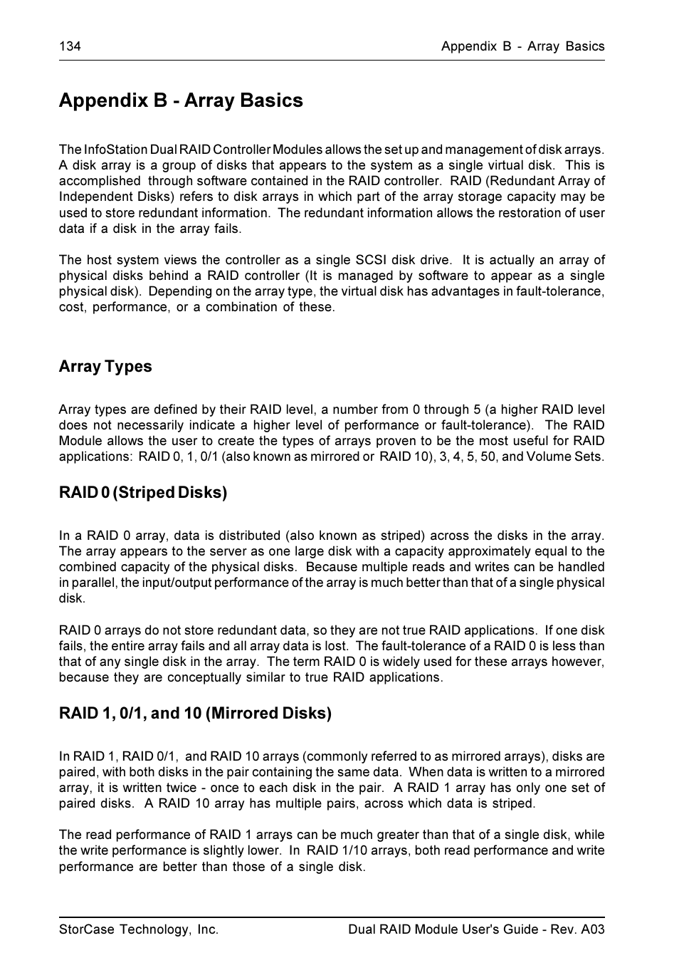 Appendix b - array basics, Array types, Raid 0 (striped disks) | StorCase Technology CSI-to-SCSI Single & Dual RAID User Manual | Page 147 / 171