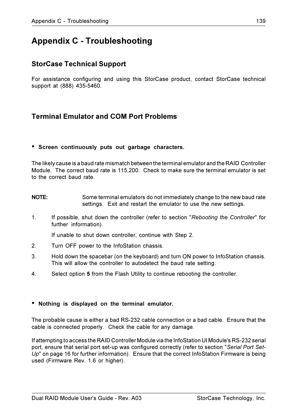 Appendix c - troubleshooting, Storcase technical support, Terminal emulator and com port problems | StorCase Technology CSI-to-SCSI Single & Dual RAID User Manual | Page 152 / 171