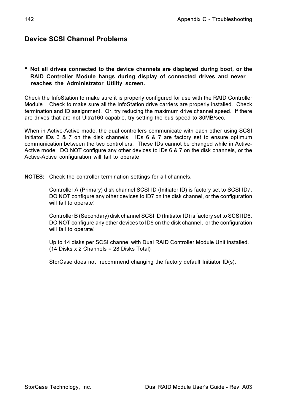 Device scsi channel problems | StorCase Technology CSI-to-SCSI Single & Dual RAID User Manual | Page 155 / 171