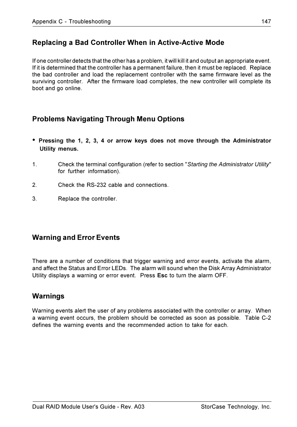 Problems navigating through menu options, Warning and error events, Warnings | StorCase Technology CSI-to-SCSI Single & Dual RAID User Manual | Page 160 / 171