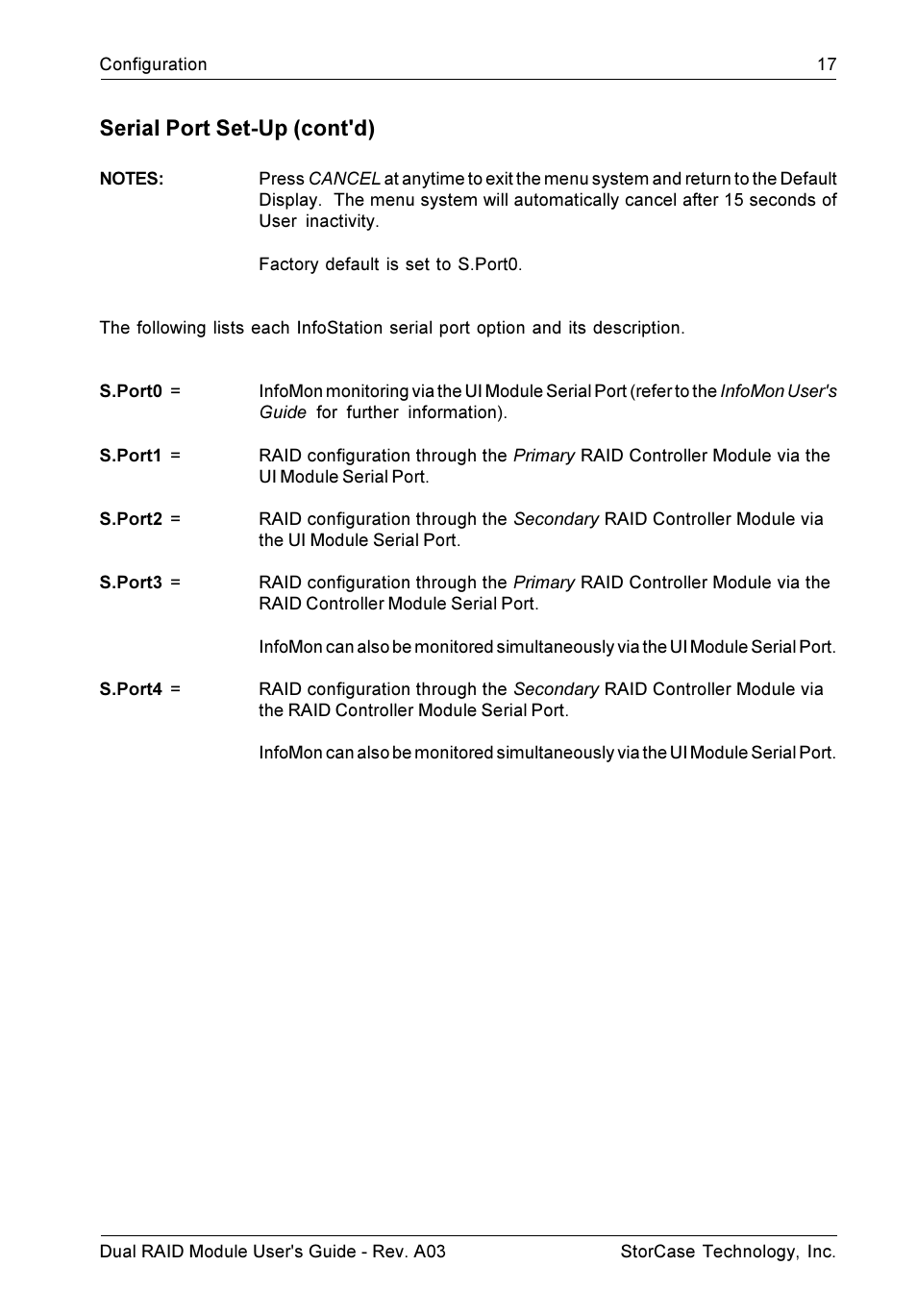 Serial port set-up (cont'd) | StorCase Technology CSI-to-SCSI Single & Dual RAID User Manual | Page 30 / 171