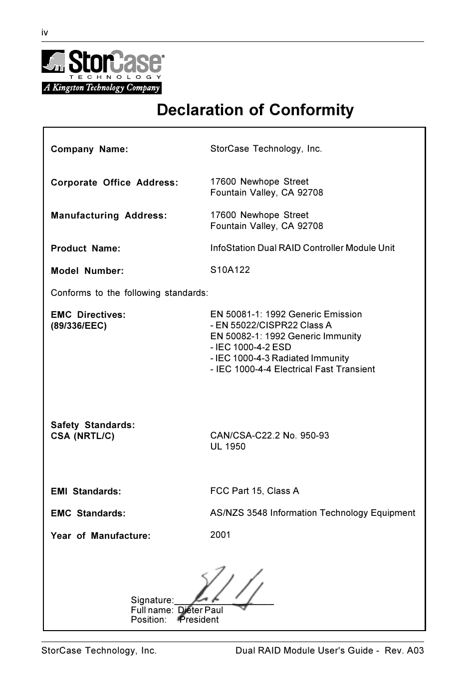 Declaration of conformity | StorCase Technology CSI-to-SCSI Single & Dual RAID User Manual | Page 5 / 171