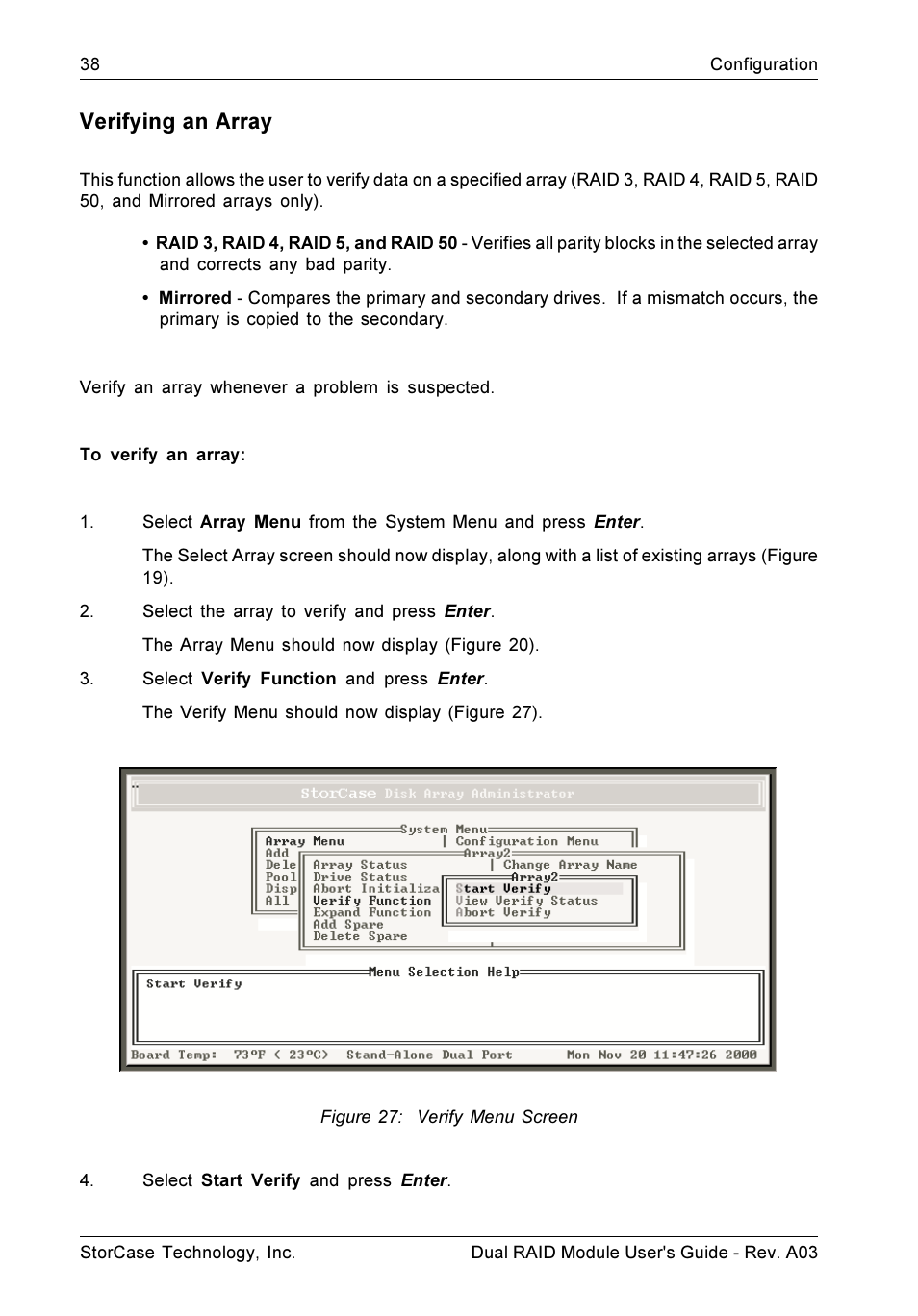 Verifying an array | StorCase Technology CSI-to-SCSI Single & Dual RAID User Manual | Page 51 / 171
