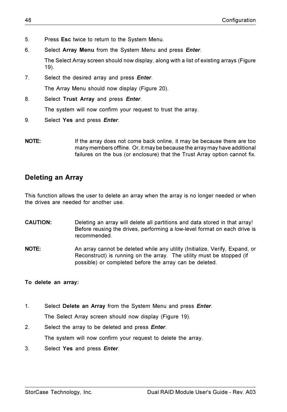 Deleting an array | StorCase Technology CSI-to-SCSI Single & Dual RAID User Manual | Page 61 / 171