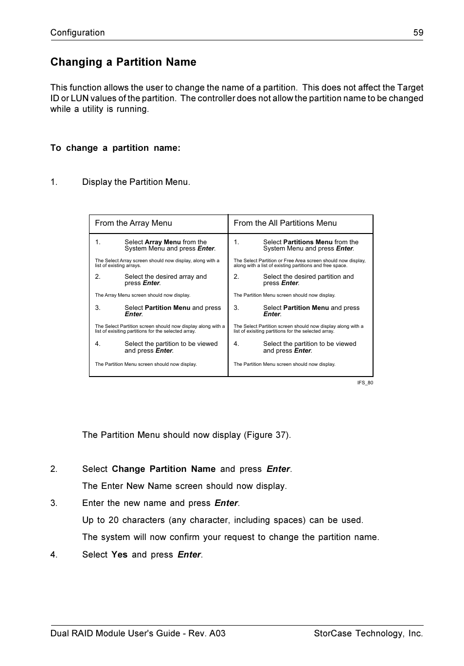 Changing a partition name | StorCase Technology CSI-to-SCSI Single & Dual RAID User Manual | Page 72 / 171
